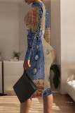 Casual Street Faux Denim Print Contrast O Neck Printed Dresses