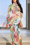 Street Elegant Floral Print Contrast Half A Turtleneck Printed Dresses