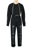Casual Print Draw String Patchwork Long Sleeve Two Pieces
