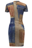 Casual Street Faux Denim Print Irregular Contrast O Neck Irregular Short Sleeve Dress