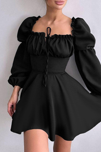 Sexy Solid Color Patchwork Ruched Strap Design Square Neck A Line Dresses
