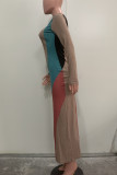 Elegant Colorblock Patchwork Slit O Neck Long Dresses