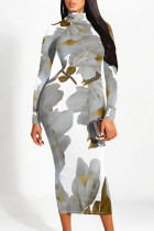 Street Elegant Floral Print Contrast Half A Turtleneck Printed Dresses