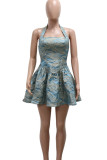 Sexy Print Patchwork Backless Zipper Halter A Line Dresses