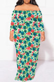 Sexy Floral Print Contrast Off Shoulder Printed Plus Size Dresses(No Belt)