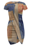 Casual Street Faux Denim Print Irregular Contrast O Neck Irregular Short Sleeve Dress