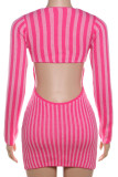 Sexy Stripe Patchwork V Neck Wrapped Skirt Dresses