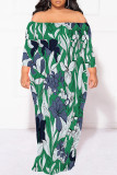 Sexy Floral Print Contrast Off Shoulder Printed Plus Size Dresses(No Belt)