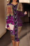 Casual Street Faux Denim Print Contrast O Neck Printed Dresses