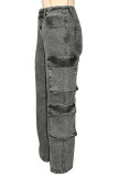 Street Solid Color Pocket Patchwork Zipper Mid Waist Straight Denim Jeans