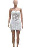 Sexy Solid Color Patchwork See-Through Backless Flower Shape Strapless Wrapped Skirt Dresses