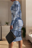 Casual Street Faux Denim Print Contrast O Neck Printed Dresses