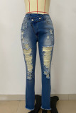 Street Solid Color Ripped Buttons Patchwork Zipper Mid Waist Regular Denim Jeans