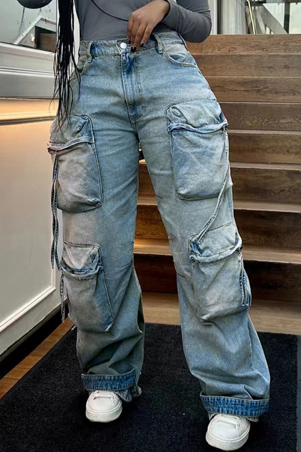 Street Solid Color Pocket Buttons Patchwork Zipper Mid Waist Loose Denim Jeans