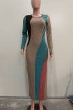 Elegant Colorblock Patchwork Slit O Neck Long Dresses