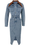 Street Pocket Buckle Patchwork Slit Turndown Collar Long Sleeve Regular Denim Dresses