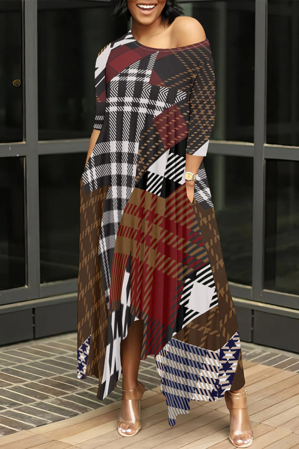 Casual Street Plaid Geometric Print Pocket Irregular Contrast O Neck Printed Dresses