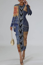 Casual Street Faux Denim Print Contrast O Neck Printed Dresses