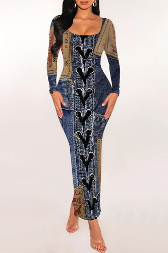 Casual Street Faux Denim Print Contrast U Neck Printed Dresses