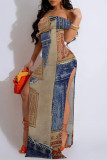 Sexy Faux Denim Print Slit Contrast Off Shoulder Printed Dresses