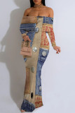 Sexy Street Faux Denim Print Contrast Off Shoulder Fishtail Dresses