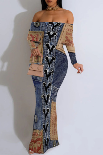 Sexy Street Faux Denim Print Contrast Off Shoulder Fishtail Dresses