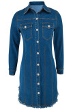Street Solid Color Pocket Buckle Patchwork Turndown Collar Long Sleeve Straight Denim Dresses