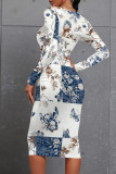 Casual Patchwork O Neck Wrapped Skirt Dresses