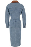 Street Pocket Buckle Patchwork Slit Turndown Collar Long Sleeve Regular Denim Dresses