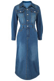 Street Solid Color Pocket Buckle Patchwork Turndown Collar Long Sleeve Straight Denim Dresses