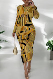 Casual Street Elegant National Totem Print Contrast O Neck Printed Dresses