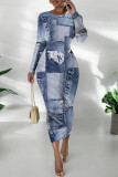 Casual Street Faux Denim Print Contrast O Neck Printed Dresses