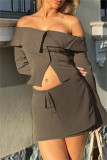 Casual Solid Color Buttons Off Shoulder Long Sleeve Two Pieces