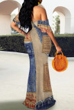 Sexy Street Faux Denim Print Contrast Off Shoulder Fishtail Dresses