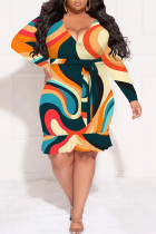 Casual Geometric Print Flowers Lace Up Contrast V Neck Printed Plus Size Dresses