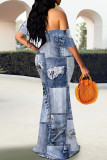 Sexy Street Faux Denim Print Contrast Off Shoulder Fishtail Dresses