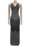 Sexy Hot Drilling Patchwork V Neck Long Dresses