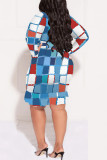 Sexy Plaid Floral Print Lace Up Contrast V Neck Printed Plus Size Dresses