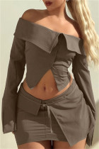 Casual Solid Color Buttons Off Shoulder Long Sleeve Two Pieces