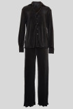 Casual Solid Color Buckle Patchwork Turndown Collar Long Sleeve Two Pieces