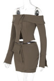 Casual Solid Color Buttons Off Shoulder Long Sleeve Two Pieces
