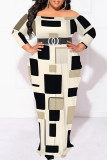 Sexy Geometric Print Polka Dot Leopard Contrast Off Shoulder Printed Plus Size Dresses(No Belt)