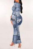 Casual Street Faux Denim Print Contrast U Neck Printed Dresses