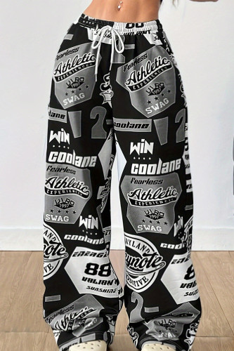 Casual Letters Draw String Pocket Patchwork Loose Low Waist Wide Leg Full Print Bottoms