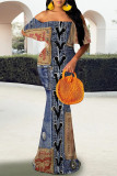 Sexy Street Faux Denim Print Contrast Off Shoulder Fishtail Dresses