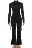 Casual Solid Color Draw String Patchwork Ruched Turtleneck Long Sleeve Two Pieces