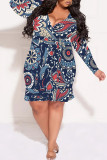 Sexy Plaid Floral Print Lace Up Contrast V Neck Printed Plus Size Dresses