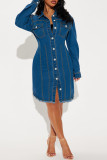 Street Solid Color Pocket Buckle Patchwork Turndown Collar Long Sleeve Straight Denim Dresses