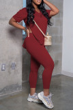 Casual Solid Color Patchwork Slit V Neck Plus Size Two Pieces