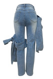 Street Solid Color Pocket Buttons Patchwork Strap Design Zipper High Waist Loose Denim Jeans
